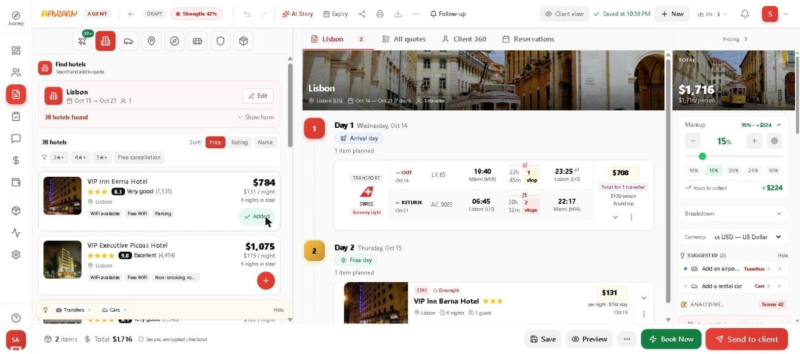 La mesa de cotizaciones de Fly2Any: una búsqueda real de vuelos de Miami (MIA) a Lisboa (LIS) a la izquierda, un itinerario de SWISS y un hotel en Lisboa en el itinerario, y la columna de precios con el neto del agente, un margen del 15% y lo que paga el cliente.