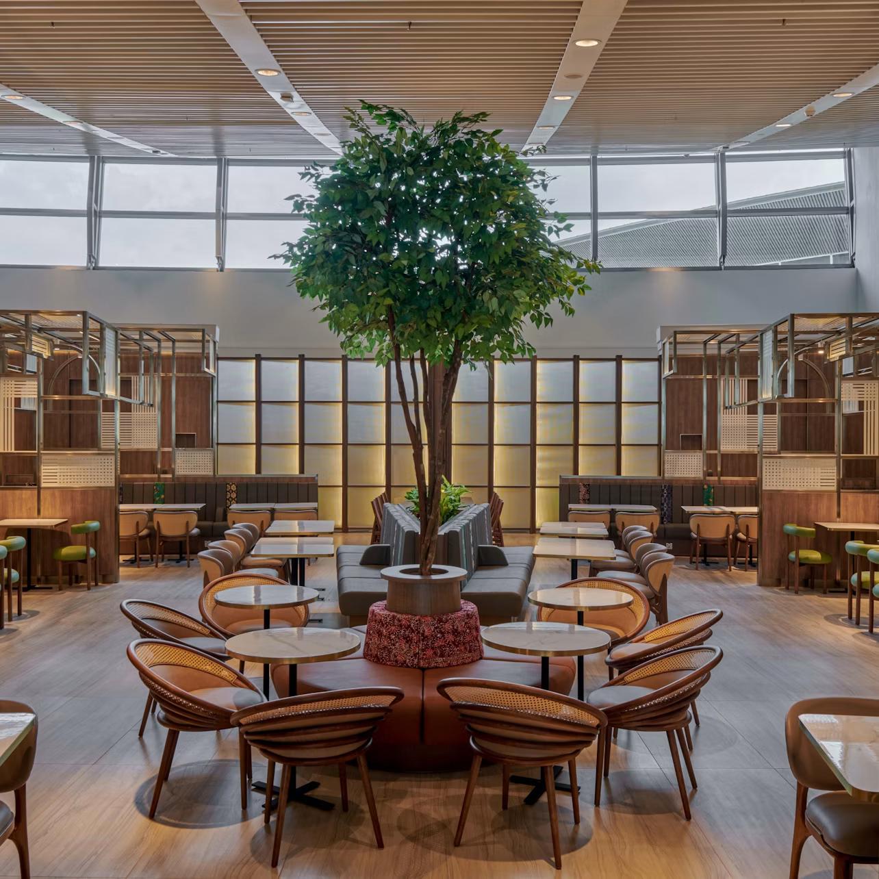 A modern indoor seating area with wooden furniture, round tables, and a large potted tree in the center.